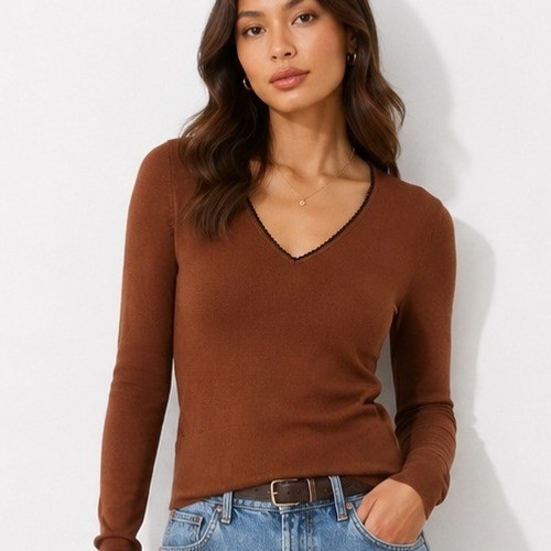 Rag & Bone Danielle V-Neck Sweater Bronze Metallic Knit Top Lace Trim Small